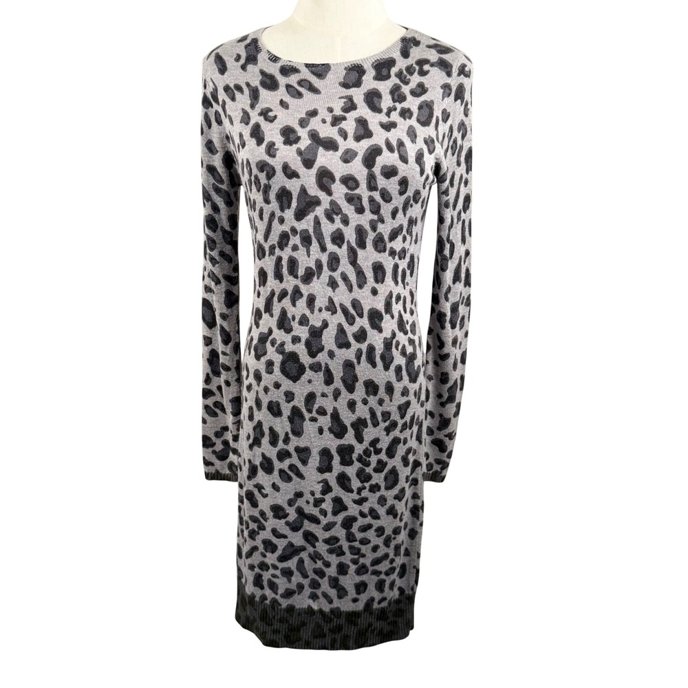 Carmen Marc Valvo Womens S Sweater Dress Gray Leopard Cashmere Blend Knit Chic